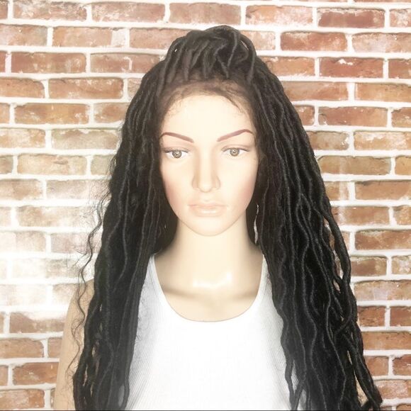 Bohemian Black Wavy Curly Faux Loc Lace Front Wig main image 16
